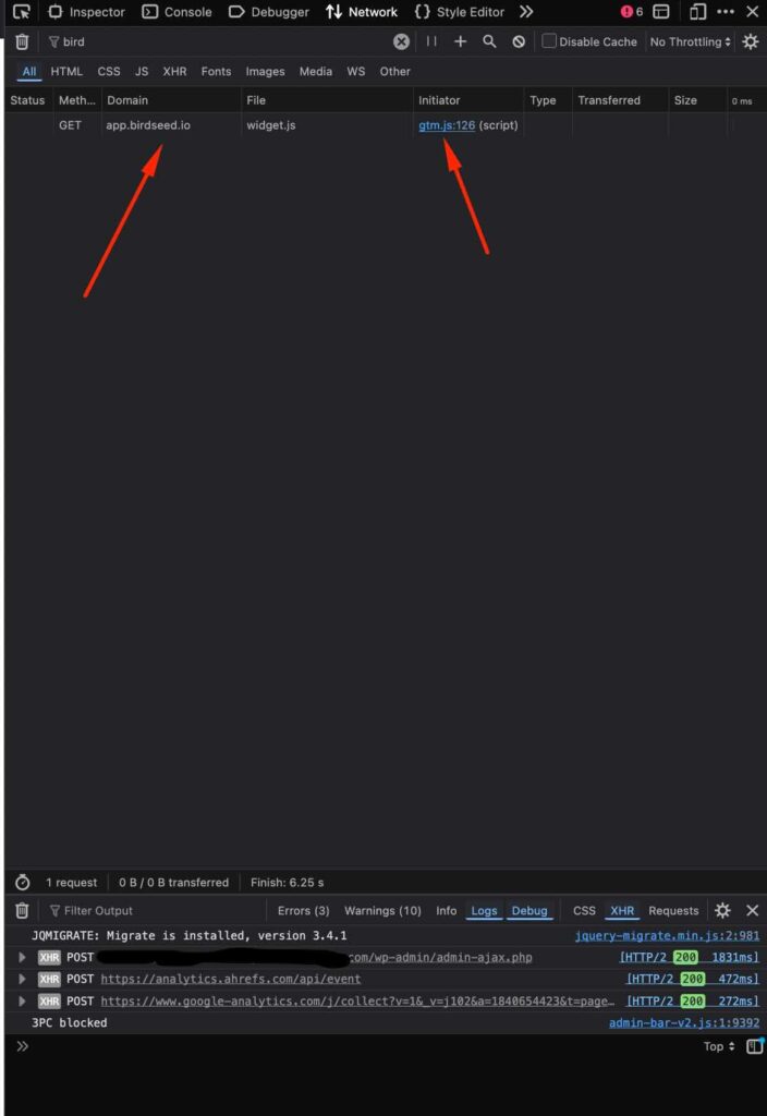 screenshot of birdseed widget loading from google tag manager (gtag) embed